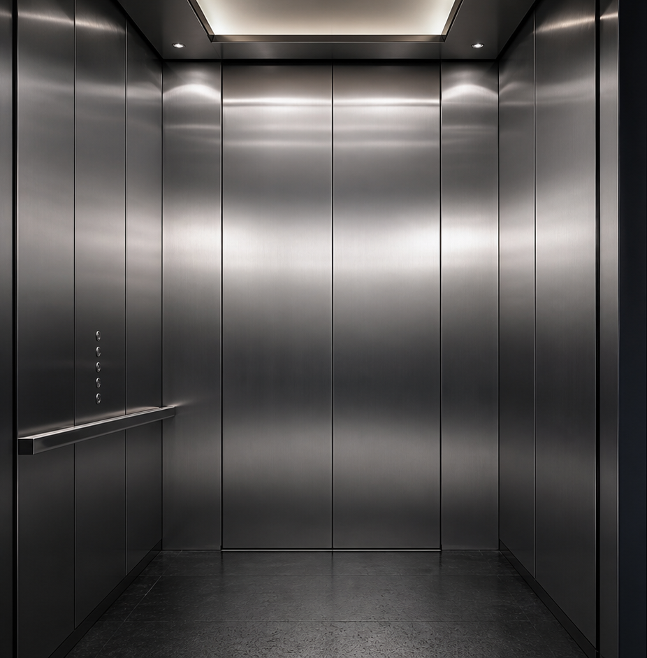 Generated concept scene showing a stainless-steel elevator interior for cold-rolled applications