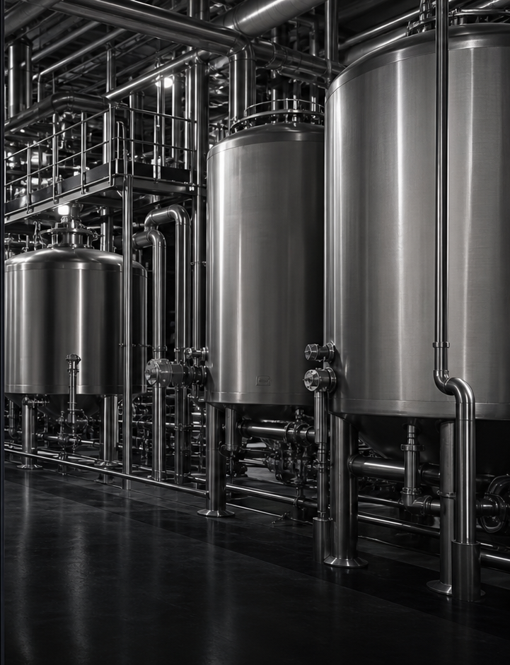 Generated concept scene showing stainless-steel tanks for hot-rolled and plate applications